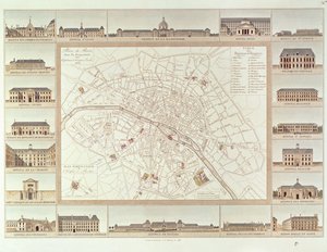 Plan of Paris indicating civil hospitals and homes, 1818, published in 1820 by Etienne Jules Thierry